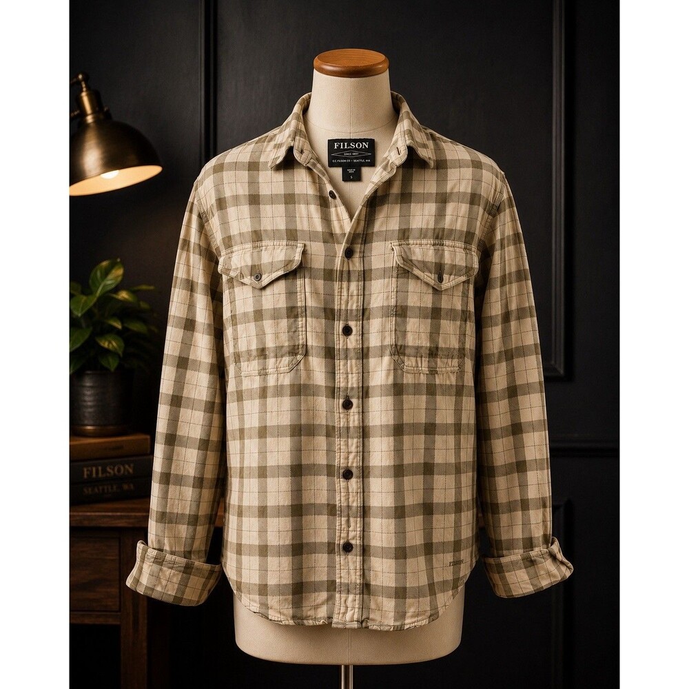 Filson Plaid Beige/Brown Pocket Point Collar Button-Up Shirt Men’s S Long Sleeve